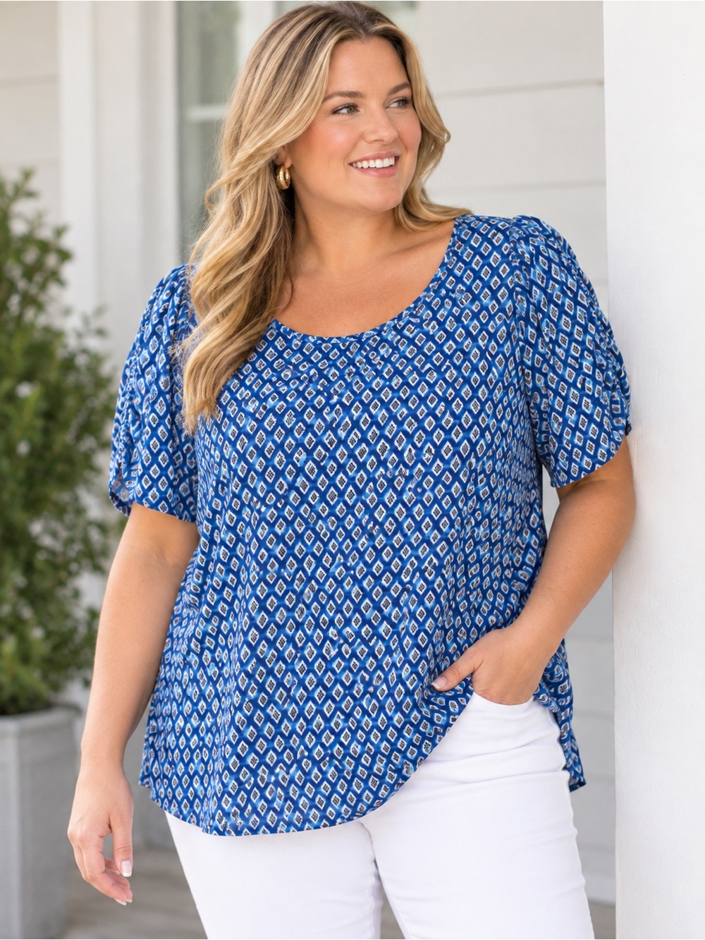 Blue Geometric Short Sleeve Top